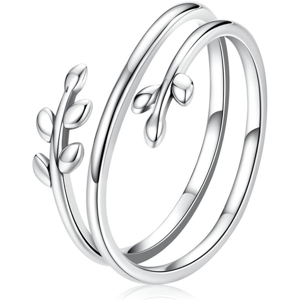 925 Sterling Silver Simple Multi-layer Leaf Adjustable Ring Green Lucky Leaves S